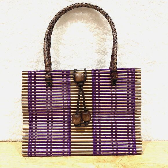 Rattan Woven Purple  Purse Handbag w/ Handmade Beaded Closure & Braided Handles - Picture 5 of 16